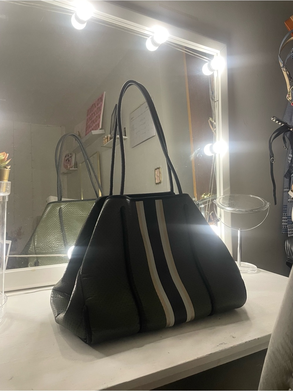 HAUTE SHORE Black Tote with Cream and White Stripes